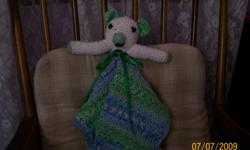 New crochet Baby Bear Blanket is a Bear head attached to a small crochet blanket good for baby gifts.
about a 1'&nbsp;tall with head and blanket. Comes in blues for boys and pinks for girls.&nbsp; Call to order colors.&nbsp;
PH. --.
