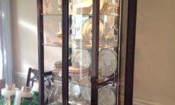 Great for a home or shop...88" high-glass display hutch with light. The 26" door (with a lock) slides left and right for access and is etched with a linear design. The back is mirrored and the sides and shelves (adjustable) are all glass. 18" deep-takes