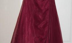 New elegant satin and chiffon strapless gown with side drape, beaded top, detachable straps, red wine color, size 6, David's Bridal