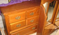 bedroom set or will sell seperate.&nbsp; a long dresser w/by -fold mirror on top and tall dresser and night stand and brass bed frame standard size. great conditon
call --