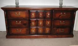 Check out the photos! 6 drawer dresser with mirror hutch and 2 two drawer matching nightstands. Dresser 67 3/4"L, 18"W, 31"H. Nightstands 26 1/3"L, 16 1/2"W, 23"H. In great condition and has a lite cherry finish.
(650) 922-4965