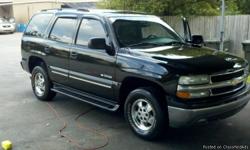 Make: Chevrolet
Model: Tahoe
Year: 2003
Price: $9,500
Mileage: 133,350
Body Style: Sport Utility
Color: Black with Gray Leather Upholstery
Engine: 5.3L Vortec V8
Transmission: Automatic
Doors: Four Door
Stereo: Bose
All scheduled maintenance, Highway