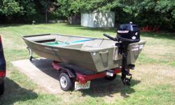 Aluminum Jon Boat bought new in 2010 from Campisano Marine Center $742.00.
Length: 12', Bean:57", Side depth: 17", transom height: 15".
Motor is a 4hp, 4-cycle Mercury bought new from West Marine in 2010 $1391.07.
Trailer was bought new in 2010 and is