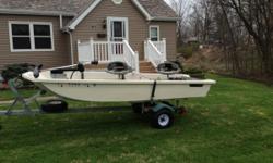 1980 12' fiberglass Tri&nbsp;Hull Gamefisher.
Good Condition. Rated for 10 hp motor and up to 3 people.&nbsp;
Boat & trailer measures 15'6" long and 52" wide. &nbsp;Galvanized trailer 1 7/8" ball.&nbsp;
New roller bunks, new tires, new bearings.
1 year
