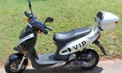 This is a BRAND NEW 50cc Peace Scooter, black with silver trim. The engine is a GY6 motor that was designed by Honda. The scooter can get up to 110 miles per gallon of gas and can go between 30 ? 40 miles per hour! There is plenty of storage with a free