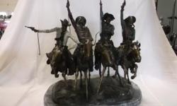 FOR ONLINE AUCTION ON JUNE 23 at repocast.com: Bronze "Coming thru the Rye" Statue by Frederic Remington, Mounted on a Marble Base, 25"L x 30"W x 29"H. Genuine Pure Bronze - Lost Wax Process (Cire Perdue). "Coming Through the Rye" was Frederic Remington's