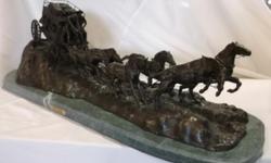 FOR ONLINE AUCTION ON JUNE 23 at repocast.com: Bronze "Stagecoch" by Charles Russell. Mounted on Green Marble Base, 46" Long x 18" Wide x 15" High. This Stagecoach bronze is of the best quality available anywhere. This famous piece has been popularized by