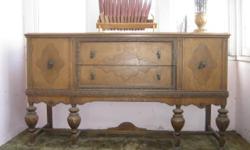 Antique Jacobean Style Buffet Table, varnish has worn off and has some of the veneer off the top as shown in photos. Could be painted or re-varnished.
Dimensions: 66w x 21 1/2d x 38 1/4"H.
Cash Only
Michele
612-325-1360
Location: NE Mpls