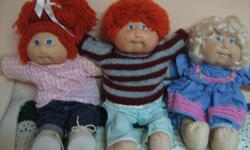 I have 3 original cabbage patch kids from 1985 "XAVIER ROBERTS" All are in excellent condition and each has different outfits to wear. The names are as follows,Gerald with red hair,Leslie with red hair and Yvonne with blonde hair. Valued at $300