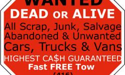 Free Towtruck Service on Towing for All Scrap, Junk, Abandoned, Lifeless, Unwanted, Salvage, Accident Damaged, Cars, Clunkers, Trucks & Vans. HIGHEST Cash Paid in GTA - GUARANTEED!! Free Tow Truck Service Included. Make That Call & Retire Your Ride