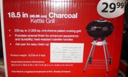 Brand New Char-Broil 18.5" Charcoal Kettle BBQ Grill. Perfect for small to medium direct or indirect cooking. Lightweight, easy to move around. Lid has built in resting hook that attaches to grill when opened. No need to place hot lid on the ground. Just