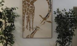 Check out this Beautiful Giraffe & Calf Painting. The overall size is 36" X 45", by Tragmer. Brilliant Colors and simply heart warming! Mounted in a 2" deep wood frame. If you are seeking something nice to fill that blank wall in your home, you just found