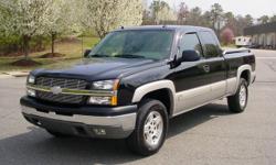 Make: Chevrolet
Model: Silverado 1500 Ext-Cab 4x4 Z71
Year: 2004
Mileage: 63644
Engine: 5.3 Liter 8 Cylinder
Transmission: Automatic
Fuel type: Gasoline
Body: Pickup truck
Drivetrain: 4 Wheel Drive
Cab type: Extended cab
Exterior color: Black
Interior