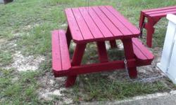 Here is a lovely little table just for the kids.
Barn red 40" x 40" x 26" childrens picnic table.
Will last as long as it is strong.
Made brand new from treated lumber on 12/01/12