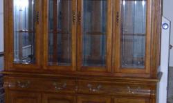 Like New Oak China Closet / Breakfront. Great for a dining room or Kitchen. Engraved glass panels. Arch pediment top.