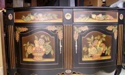 Black lacquer, black granite top,handpainted, one of a kind,sideboard 33/1/2 H, 20 w, 52 L.