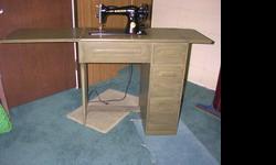 classic 1950 Singer sewing machine. Full size cabinet with 3 storage drawers.--Has foot pedal for easy use. Has fold over top with pull up machine to protect when not using and for easy using when in use.
A great item for collectors and users--long time