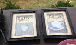 Kitchen Coffee Decor:
Matching 8 piece plate and coffee cup set.
Two framed coffee pictures.
Target painting of coffee cups.