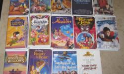Collection of 14 VHS Child?s Movies / All in perfect condition / Titles include:
Toy Story
Pinocchio
Wizard of Oz
Casper
Dennis the Menace
Aladdin
Return of Jafar
Superman
Hunchback of Notre Dame
Snow White
Wind in the willows
Beauty and the Beast
Chitty
