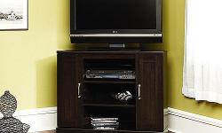 Description Item Description
# Corner TV stand
# Holds flat panel TVs up to 37'' (max. weight 95 lbs.)
# Two adjustable shelves with concealed media storage
# Measures: 35.5''L x 18.5''D x 29''H
# Engineered wood with Cinnamon Cherry laminate finish
#