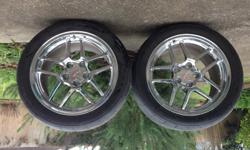 Original set of 4 2003 Corvette Z06 Chrome Wheels and Tires for Sale. Size front 17" X 9.5" with Kumho ECSTA MX XRP 245/45 ZR17 95Y (good tread) and Rear 18" X 10.5" Nitto Extreme Drag 305/35 ZR 18 101Y (a few good runs left). As you expect the