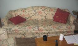 Couch and Loveseat. Well built, but worn. Great for reappolstering (sic). Does have some holes in the fabric and a the fringe is torn on the couch (by a dog). Would be a good solid couch with slip covers (which is what we did.) Have pics below.