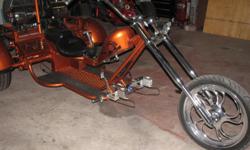 Wife said get rid of it............it's a custom trike built in 2012 by Texas Customs in Fort Worth, Texas. It has a chrome VW 1776 engine and VW rear end. Chrome 10 gallon fuel tank with a 3 gallon reserve tank. CNC hydraulic brakes and clutch. Custom