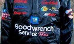 Men's black leather jacket - Dale Earnhardt Sr. - Nascar Winston Cup Series 7 time champion, #3 is on back collar
Front has "Oreo", "Coca Cola", "AC Delco", "Snap on" embroidered and front left side: Nascar
Winston Cup Series 7 time champion, Dale