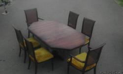 Ethan Allen dining room set for sale.
Table with two leafs, 6 chairs, pads for table top (including pads for leaf extensions)
Table is octagon when leafs are not in.
Chairs need a little TLC, otherwise VERY solid set.