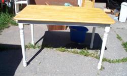 I have a dinner table that looks like a butchers table for sale.
It measures at 48"in. long by 24" wide, and stands 30"in. high.
Has some wear and tear on it but is sturdy.
The legs need a coat of new paint but the tabletop is in good shape.
so come stop