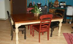 Rectangular Dinning table two-tone wood with 4 black chairs and two red, sits 6 comfortably. Email anytime or call after 5.