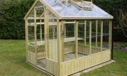English Green House, hand crafted, using only selected Swedish Red Pine, Kiln Dried and Treated. This distinctive Residential Greenhouse offers a degree of elegance, strength, safety and is aesthetically pleasing in any landscape. The English Greenhouse