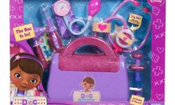 Disney Doc McStuffins Doctor's Bag
&nbsp;
Doc McStuffin's Bag Set includes 8 glittery and sparkly Pieces
Features Doc's bag, play thermometer, syringe, blood pressure cuff, otoscope, bandage cuff, sticker sheet and Doc's magical stethoscope
The set