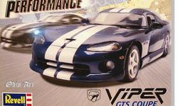 High performance 1:25 scale Dodge Viper mint in the box. Un-assembled and box un-opened. Plastic model kit details: Length is 7 and 1/16" inches or 17.9 cm, 83 pieces, body molded in white, decals are waterslide, based on the Viper RT10, the Viper GTS has