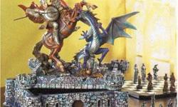 Dragons and knights fight a timeless battle over this medieval fortress and the treasures hidden within. A stunning take on the classic game of strategy, this chess set is a true work of art! When the board and pieces are not in use, this dramatic castle