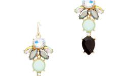 These multicolored Ellie chandelier earrings will set the ambiance once you elegantly stroll into the room. Embroidered with gold, you will be the center of attention. - Gold plated, mint, black and grey stones - 2" long - French hook