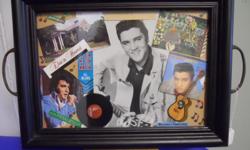 A hand crafted serving tray w/Elvis Presley memorabilia displayed behind glass. 19"w X 12 1/2"h includes handles