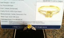 100% NATURAL DIAMOND. 1.20 CT TOTAL WEIGHT. CENTER STONE .77 CT VS-S1 CLARITY,COLOR CANARY (ENHANCED), ROUND BRILLIANT. SIZE 4 CAN BE SIZED UP TO AN 8. MUST SELL