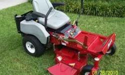 For Sale:
Exmark Phazer commercial Z-turn mower
practically brand new, with only 140 hours
34 inch cut with a 1"-5" cutting height (in 1/4" increments)
19 HP Kawasaki engine (governed to 3750 rpm) w/ lifetime warranty
7.7 gallon fuel capacity (dual gas