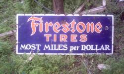 Old Firestone tire sign aprox 2' x 4' porcelain on metal ,make offer