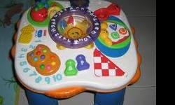 * The main feature is a bowl of alphabet soup that baby can stir up with a spoon to activate lights, sounds, fun phrases and the alphabet song
* There are cookies for counting, a fruit bowl for colors and textures
* It plays 21 tunes with 3 sung learning