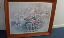 Flower print in beautiful frame - signed by artist and looks like Dallina Darion 1987. Frame is absolutely beautiful and in great condition. Frame measures approximately 34 1/2 inches wide by 18 1/2 inches tall.