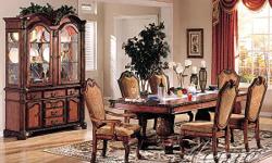 Double Pedestal Dining Table Set
Item #: 04075 SET
Product Information
DARK CHERRY WOOD! NICE ELEGANT LOOK! 6 SETS ARE AVAILABLE.
Table: 46"W x 66" - 96"L
(Includes 2 x 15" Leaves)
Side Chair: 45"H
Arm Chair: 45"H
Hutch/Buffet: 62" x 21" x 88"H
SOLID