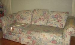 The couch is a cream flower couch has 3 cushins and is about 108 inches, standard size. The couch has some rips due to some gymnastics moves on the couch! If you add a couch cover to it, you will have a stong sturdy couch that is comfortable. Please help