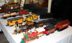 Two train sets, one Xmas engin, one other locomotive engin, two coal tenders,&nbsp;5 assorted other rail cars. 4-14" 3 way switch track, 24 curve track, 8-11" straight track. engins in working condition, battery operated by 6 c cell batteries. Station not