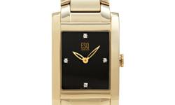 The Venture men's wristwatch by ESQ from Movado displays a rectangular black dial with white diamond hour markers and gold-tone hands. The bracelet's solid stainless steel and genuine yellow gold-plated craftsmanship, and polished and brushed finish add a