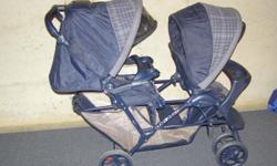 A Gaco Duo Glider double stroller.
Drink trays for both seats and a tray at the top for a parent.
Sun shades for both seats too.
The basket at the bottom has a small tear in the plastic but is shown in one of the pics.
The stroller is solid blue and