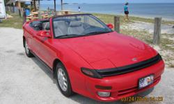 1993 Toyota Celica GT Convertible JT5ST87KXP0147602
Super Red II code 3E5
New List Price $21'998.00
Adult Driven
NADA BOOK VALUE: $9300.00 avg. clean
&nbsp;
4 Cylinder, 2.2 Liter, 135 Horsepower Engine, Front wheel Drive.
(I am averaging 31 miles per