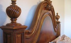 Beautiful Queen Headboard w/ rails. Very heavy solid wood! Slightly New. Carvings detail is lovely.