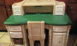 This is a Darling Desk.. It has a working light and Clock. Darling white drawers and waste basket. It is Very Cute...Lots of Storage for crayons,markers Pencils or other things.. This is so Cute it will look good in any room. Great and Cheerful place to